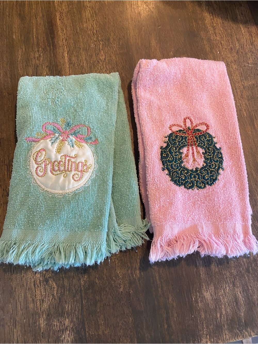 Vintage Holiday Embroidered Hand Towels - Pink & Mint